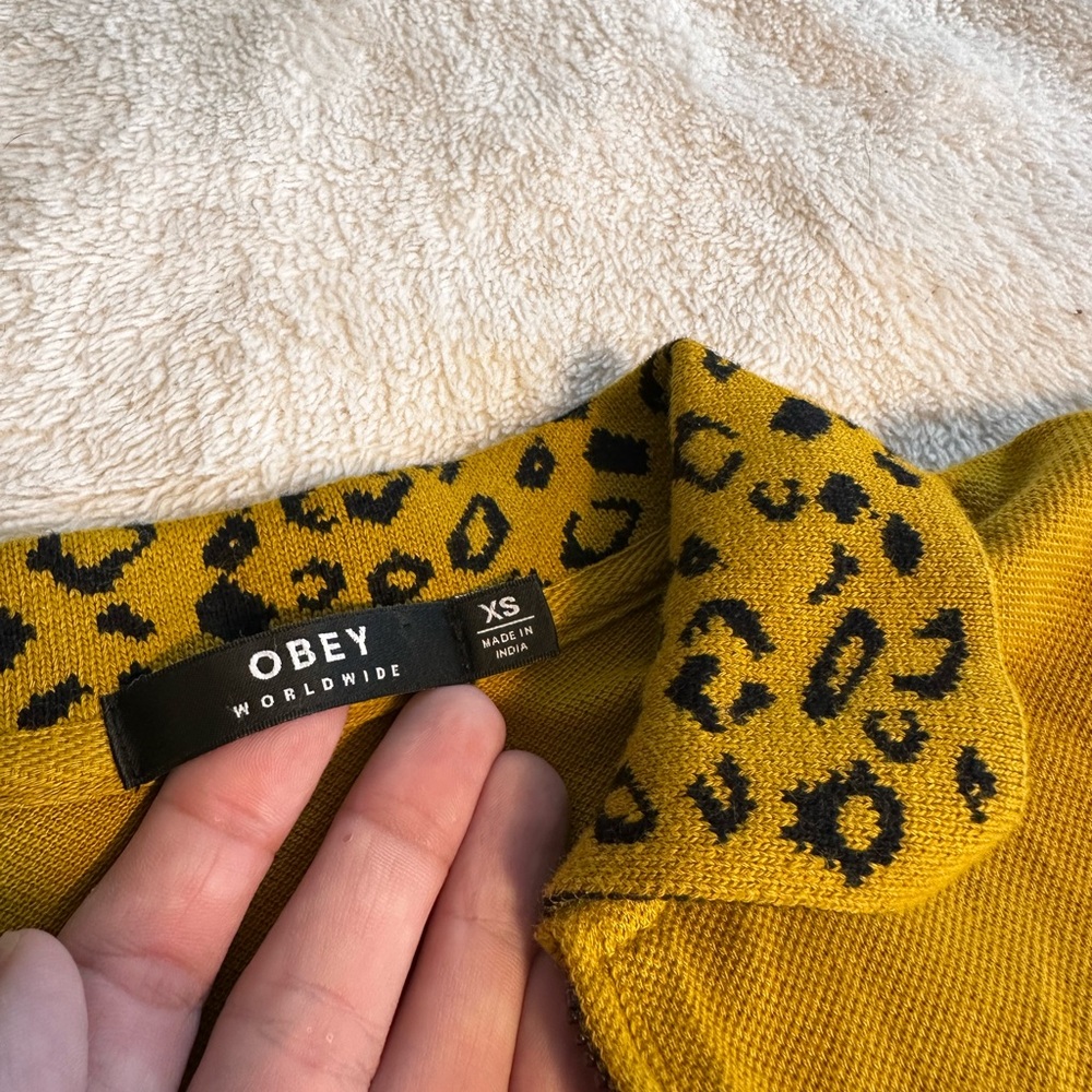 Obey Mustard Mini Dress with Leopard Collar - Picture 2 of 6
